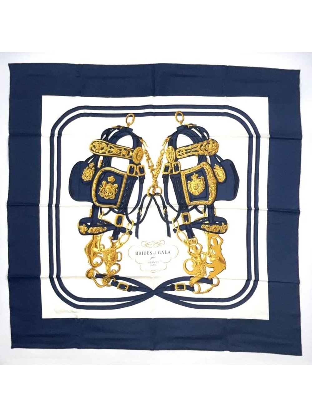 Hermes Brides de Gala Ceremonial Bridle Carre 90 Silk Navy White Scarf